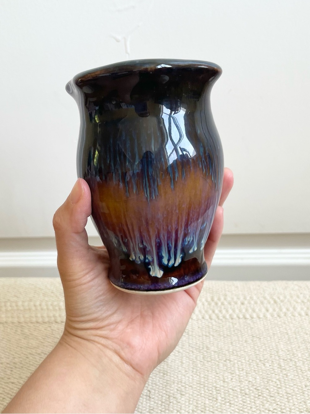 Bill Campbell Art Pottery Bud Vase 4 1/2 in Blue & Purple Drip Glaze Signed